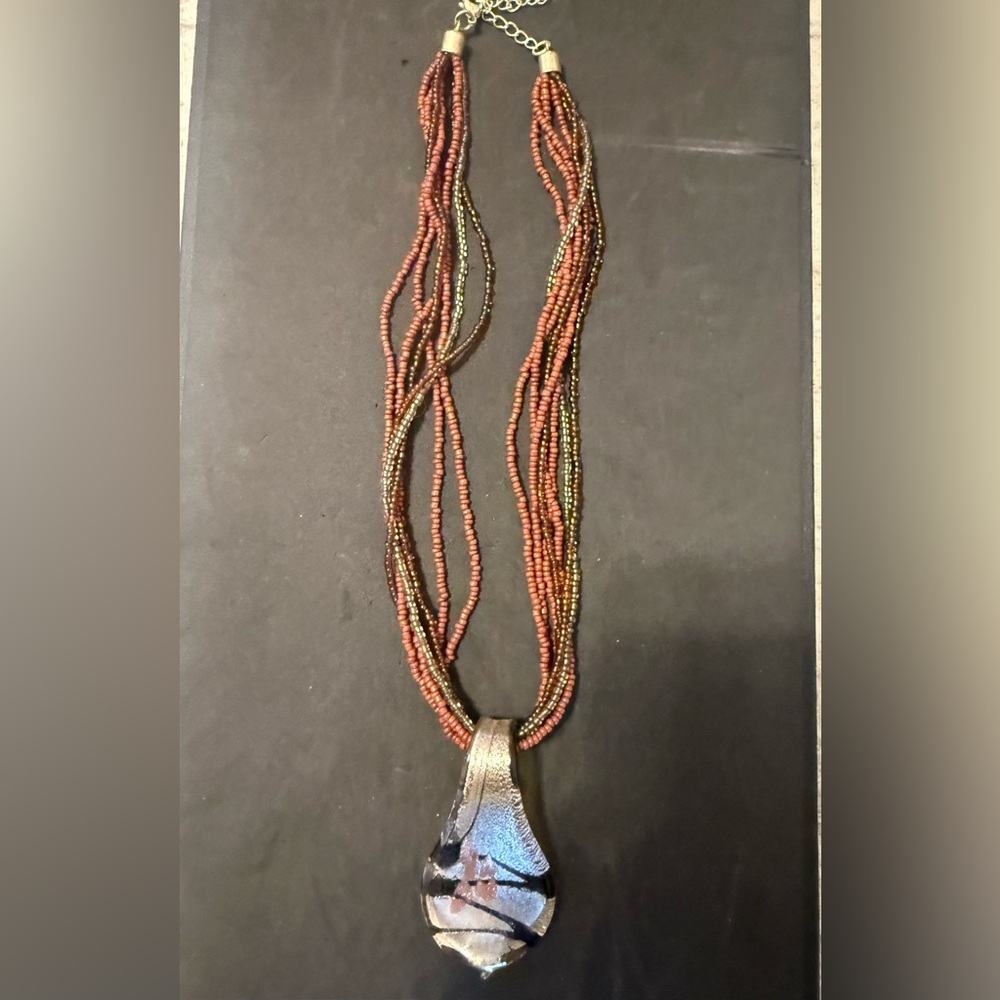 Multi-Strand Brown Beaded Necklace with Glass Pendant